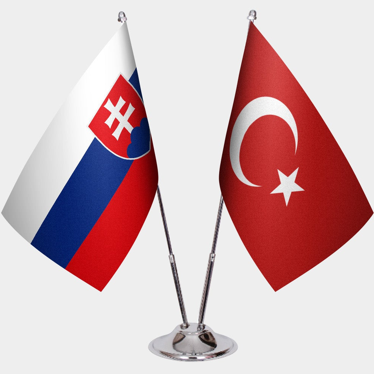 Slovakia and Türkiye dual desk flag set with chrome silver pedestal, satin office table flag