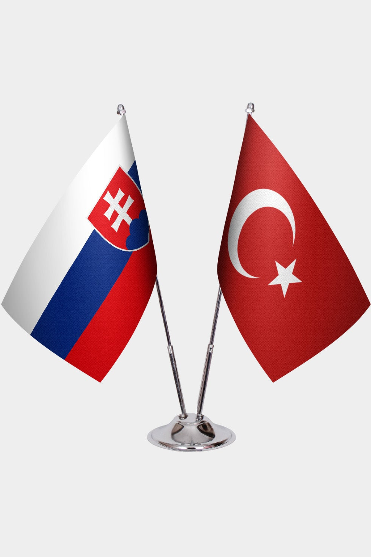 Slovakia and Türkiye dual desk flag set with chrome silver pedestal, satin office table flag