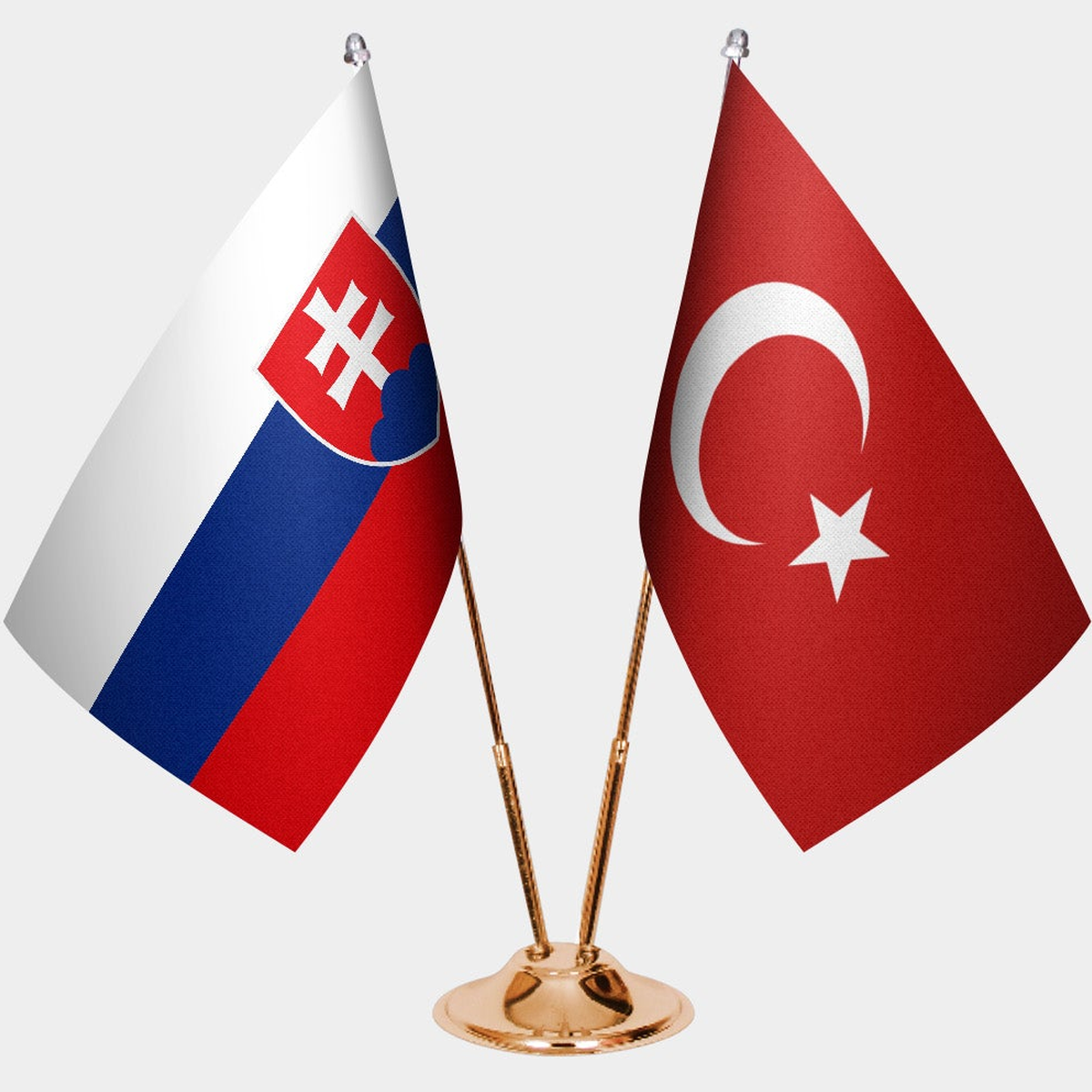 Slovakia and Türkiye dual desk flag set with gold pedestal, satin office table flag
