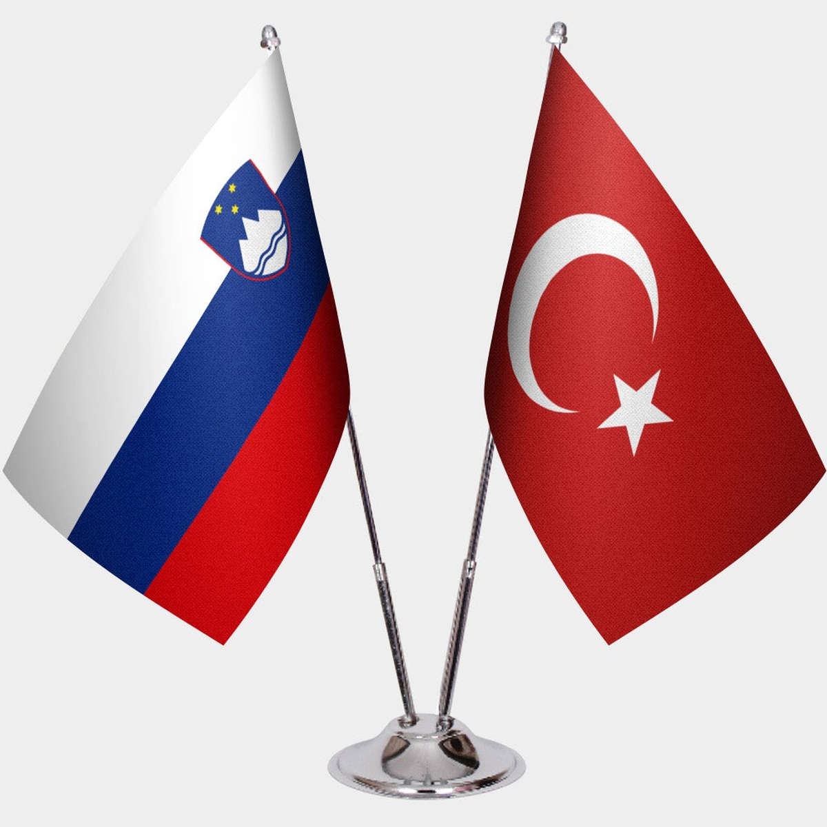 Slovenia and Türkiye dual desk flag set with chrome silver pedestal, satin office table flag