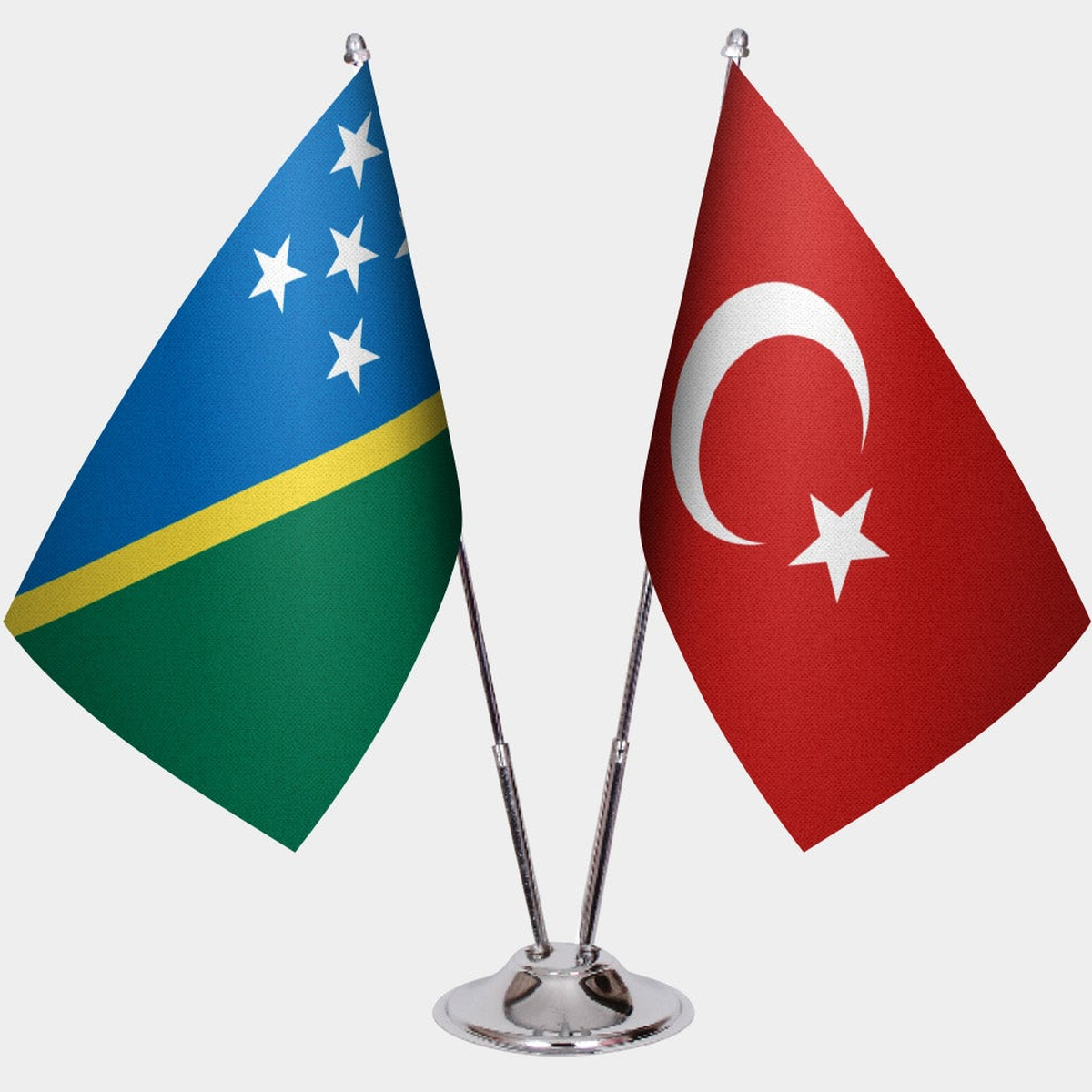 Solomon Islands and Türkiye dual desk flag set with chrome silver pedestal, satin office table flag