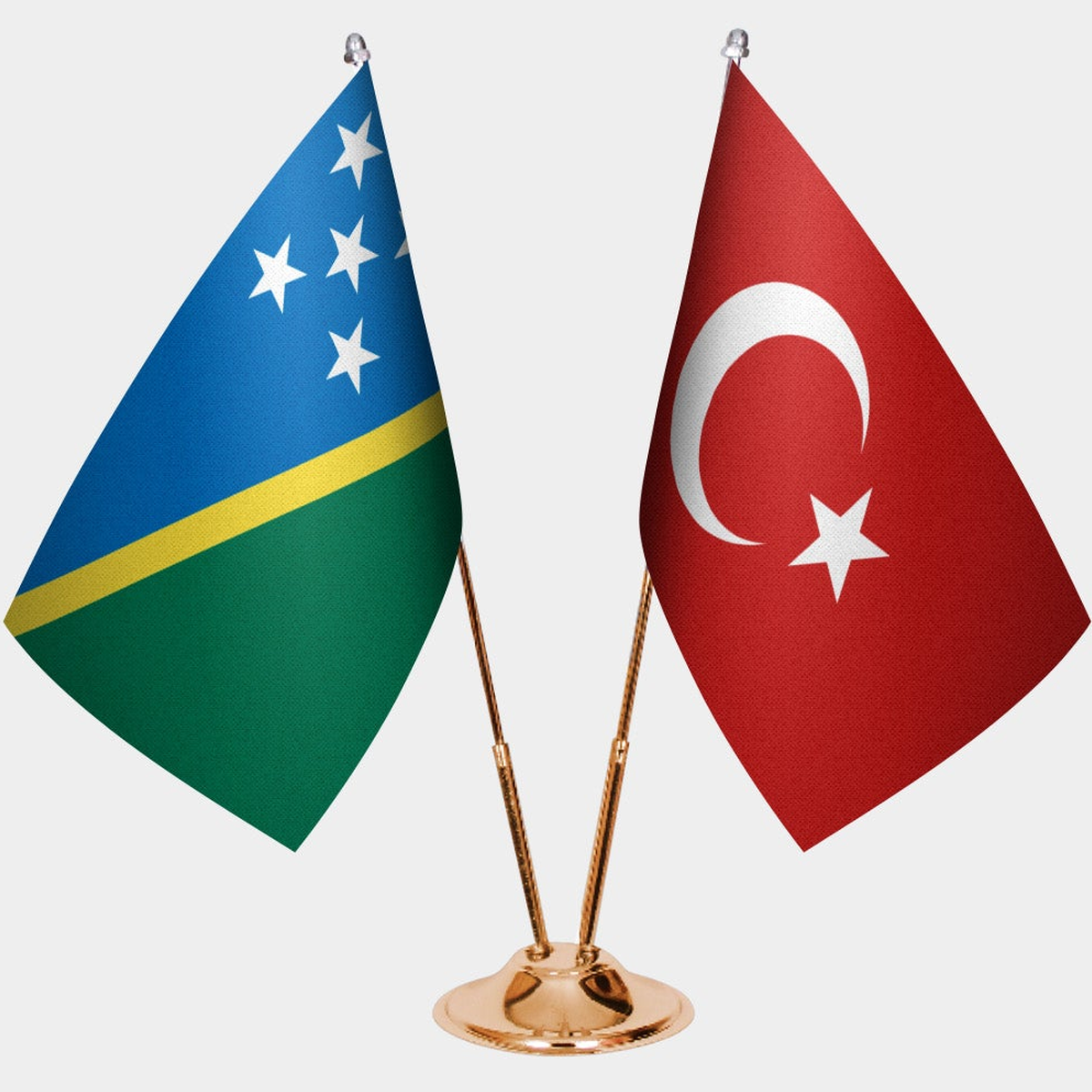 Solomon Islands and Türkiye dual desk flag set with gold pedestal, satin office table flag