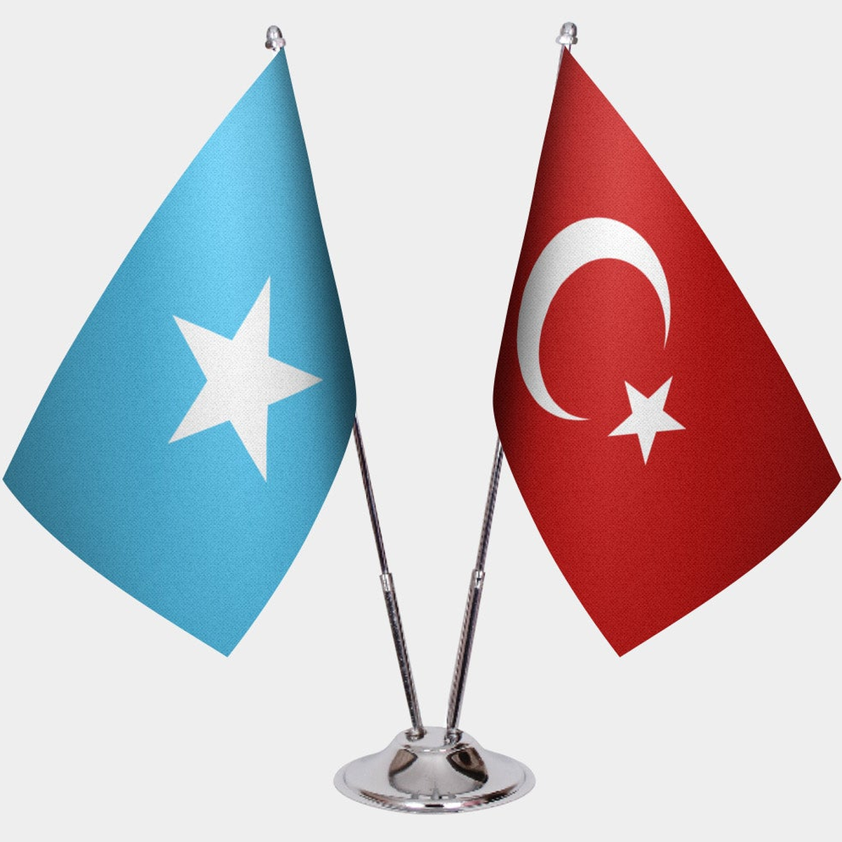 Somalia and Türkiye dual desk flag set with chrome silver pedestal, satin office table flag
