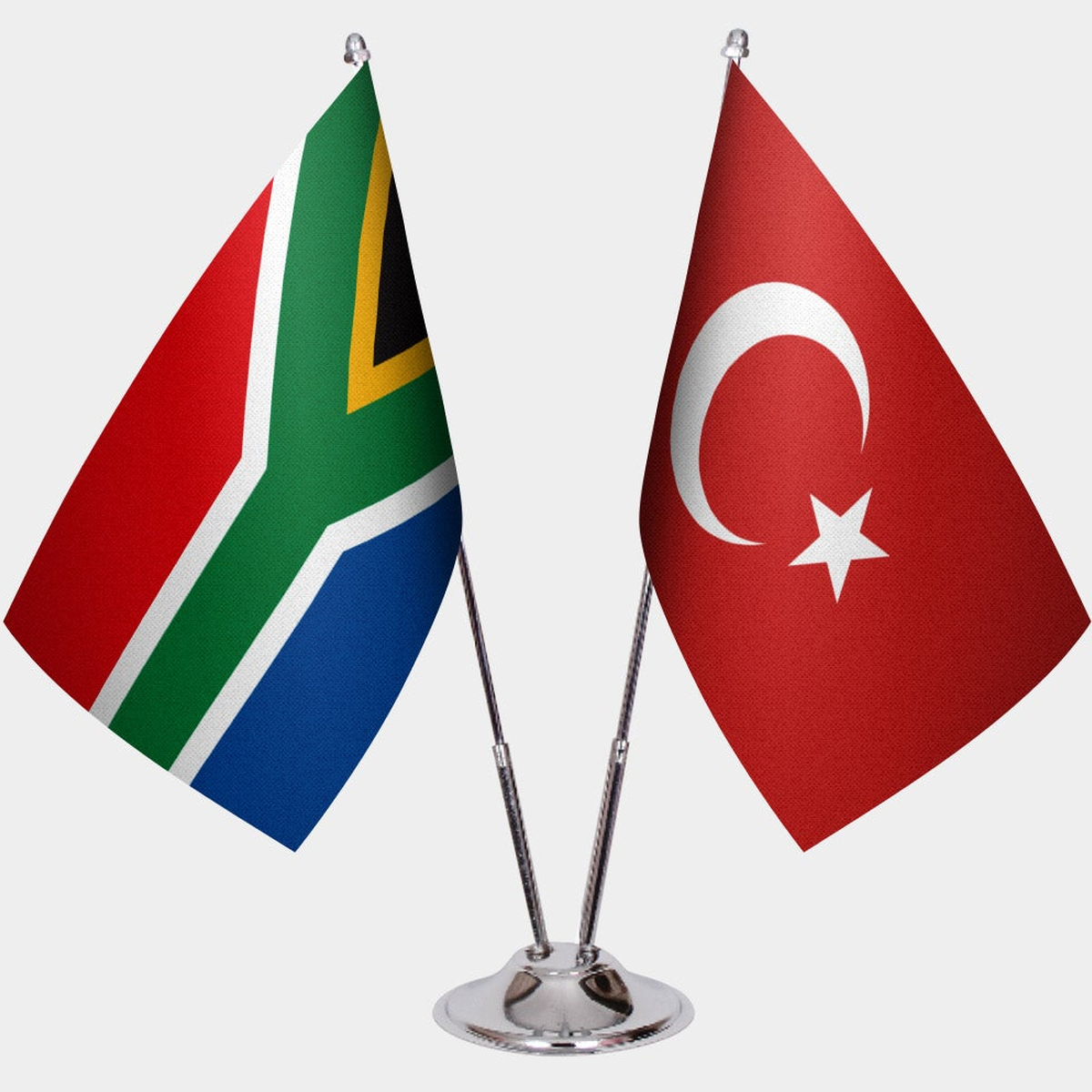 South Africa and Türkiye dual desk flag set with chrome silver pedestal, satin office table flag