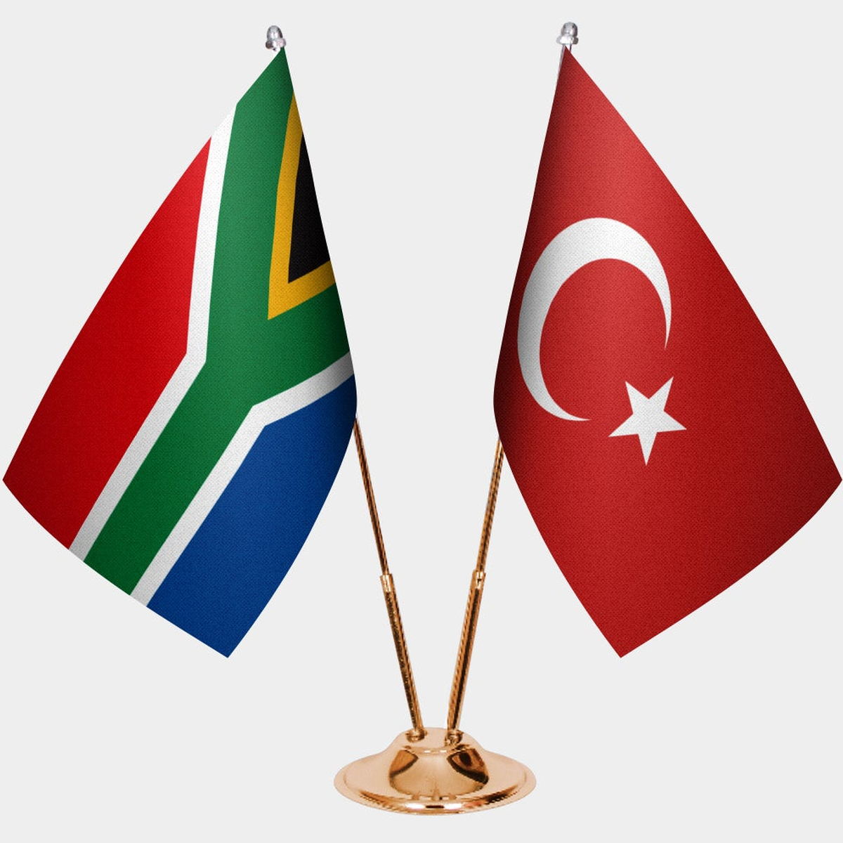 South Africa and Türkiye dual desk flag set with gold pedestal, satin office table flag