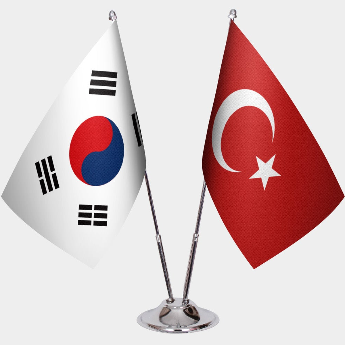 South Korea and Türkiye dual desk flag set with chrome silver pedestal, satin office table flag