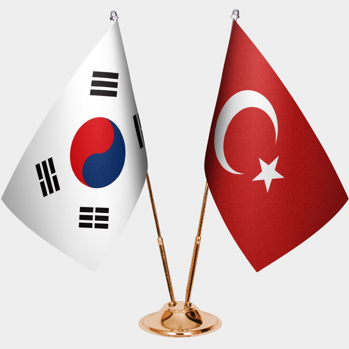 South Korea and Türkiye dual desk flag set with gold pedestal, satin office table flag