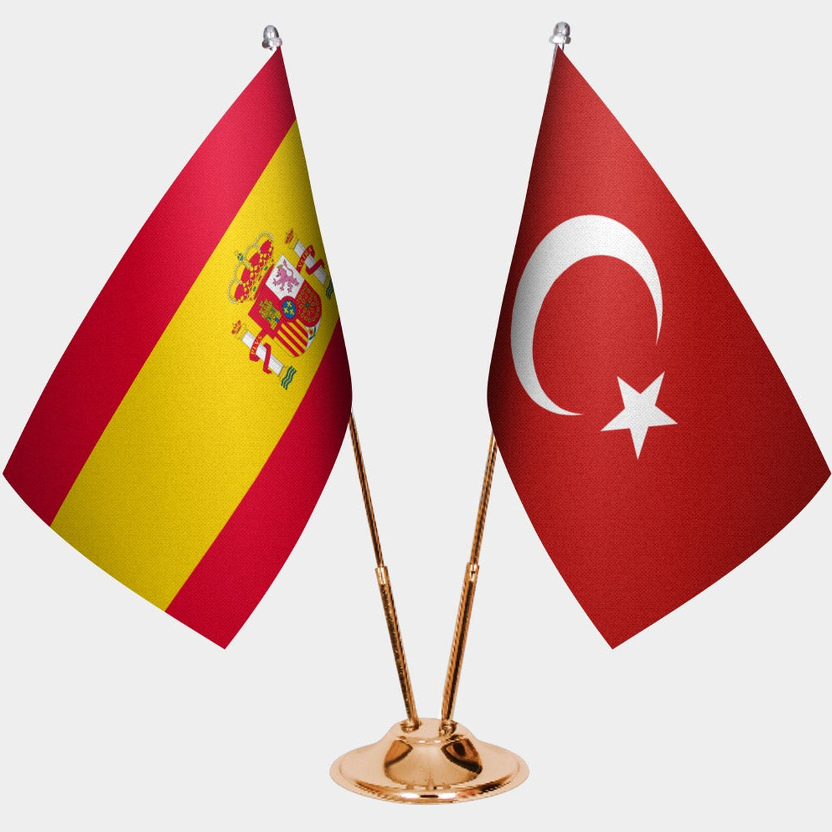 Spain and Türkiye dual desk flag set with gold pedestal, satin office table flag