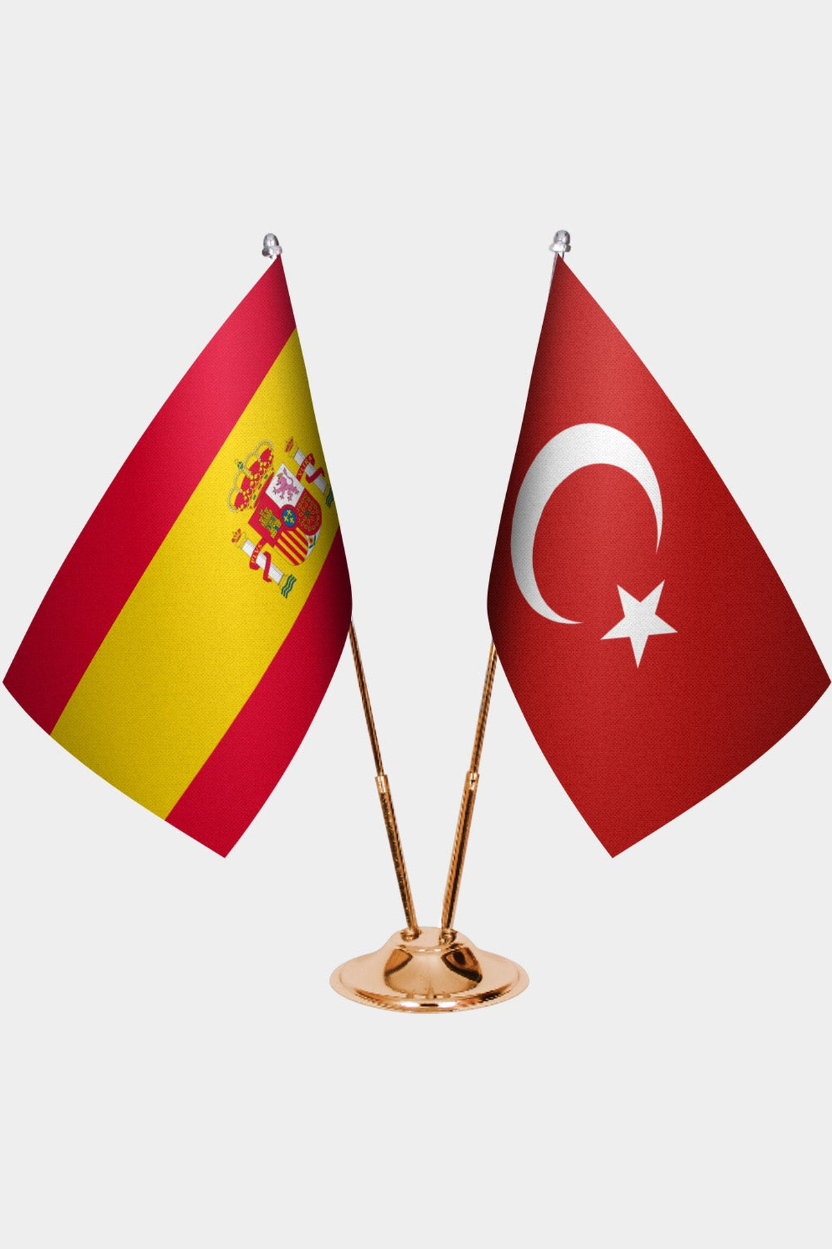 Spain and Türkiye dual desk flag set with gold pedestal, satin office table flag