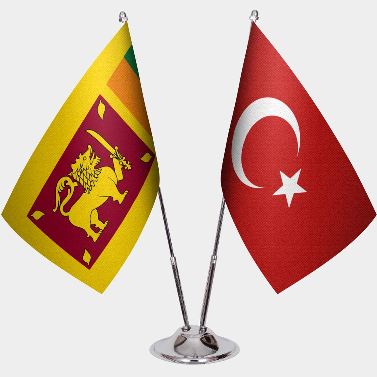 Sri Lanka and Türkiye dual desk flag set with chrome silver pedestal, satin office table flag