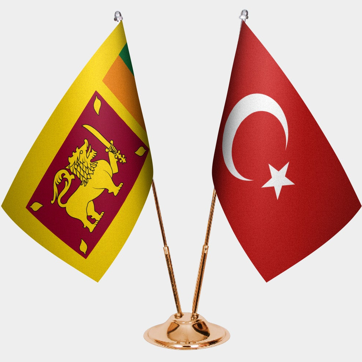 Sri Lanka and Türkiye dual desk flag set with gold pedestal, satin office table flag