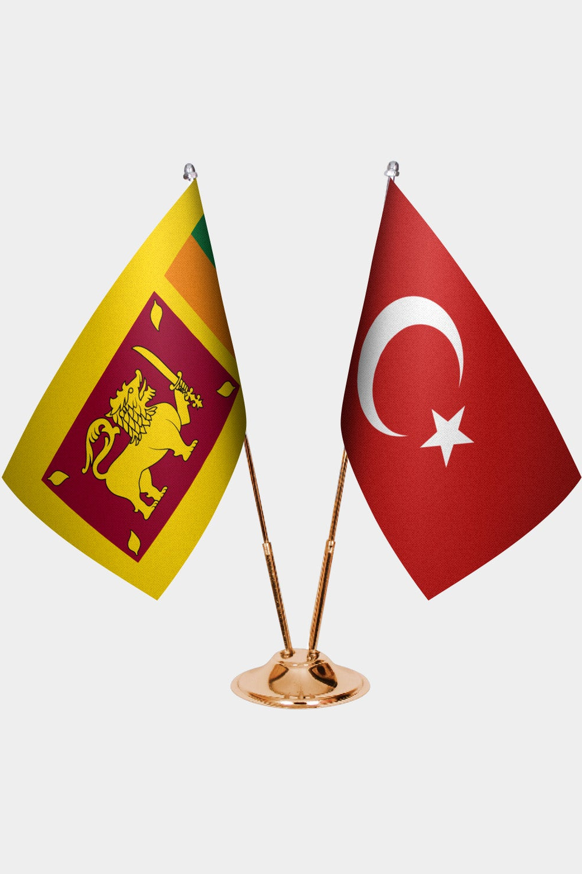 Sri Lanka and Türkiye dual desk flag set with gold pedestal, satin office table flag