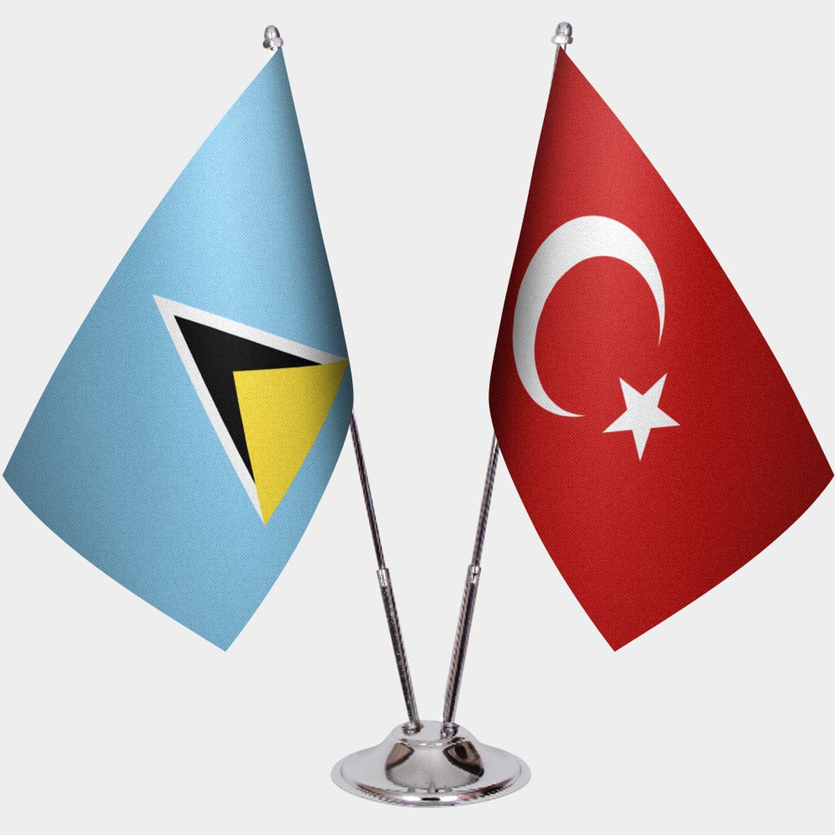 St. Lucia and Türkiye dual desk flag set with chrome silver pedestal, satin office table flag