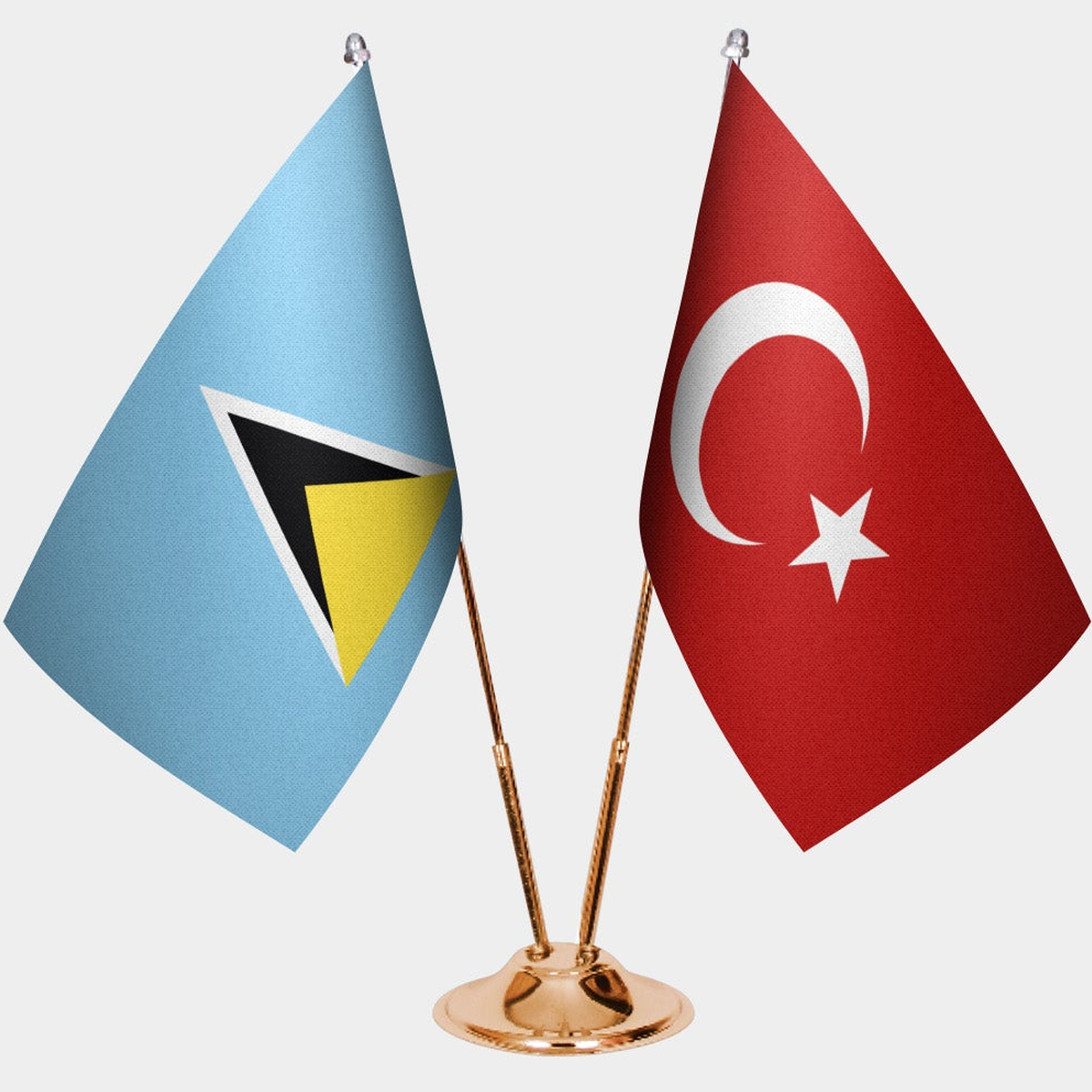St. Lucia and Türkiye dual desk flag set with gold pedestal, satin office table flag