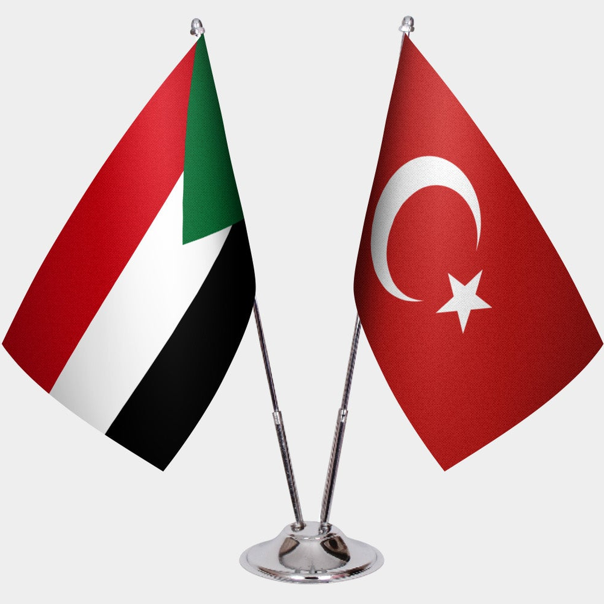 Sudan and Türkiye dual desk flag set with chrome silver pedestal, satin office table flag