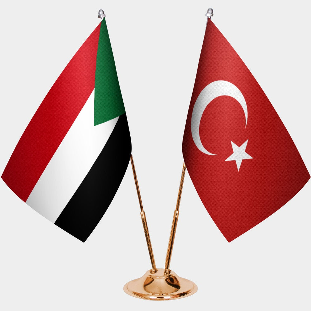 Sudan and Türkiye dual desk flag set with gold pedestal, satin office table flag