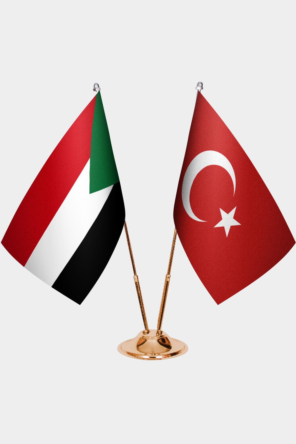 Sudan and Türkiye dual desk flag set with gold pedestal, satin office table flag