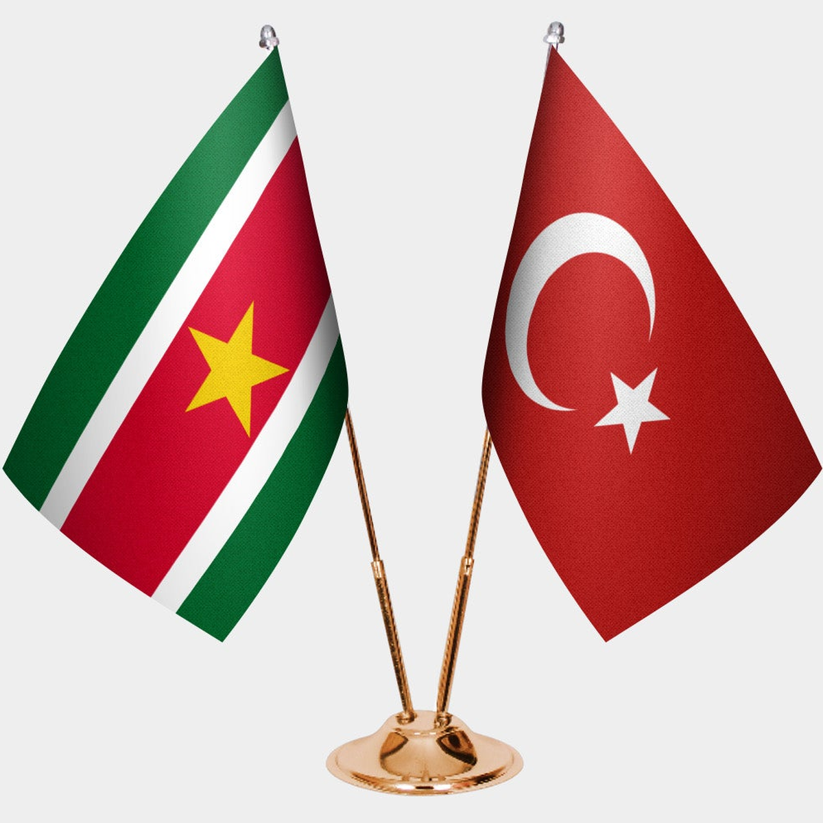 Suriname and Türkiye dual desk flag set with gold pedestal, satin office table flag