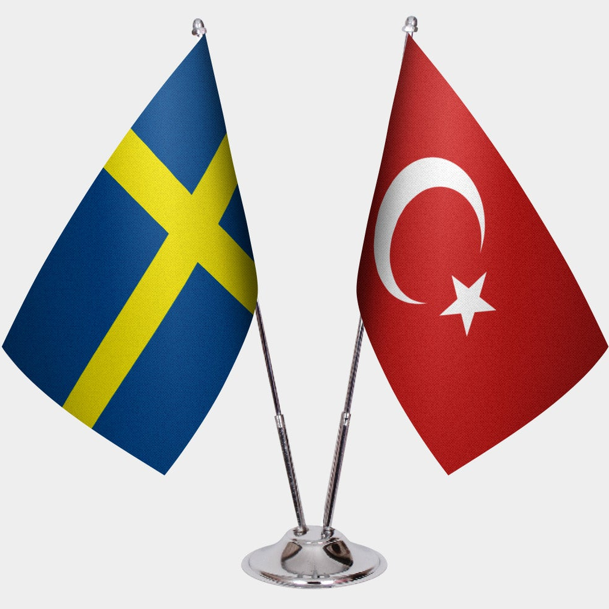Sweden and Türkiye dual desk flag set with chrome silver pedestal, satin office table flag