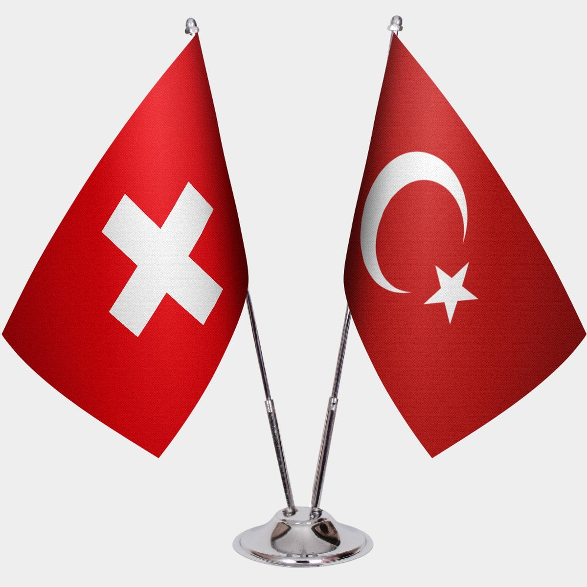 Switzerland and Türkiye dual desk flag set with chrome silver pedestal, satin office table flag