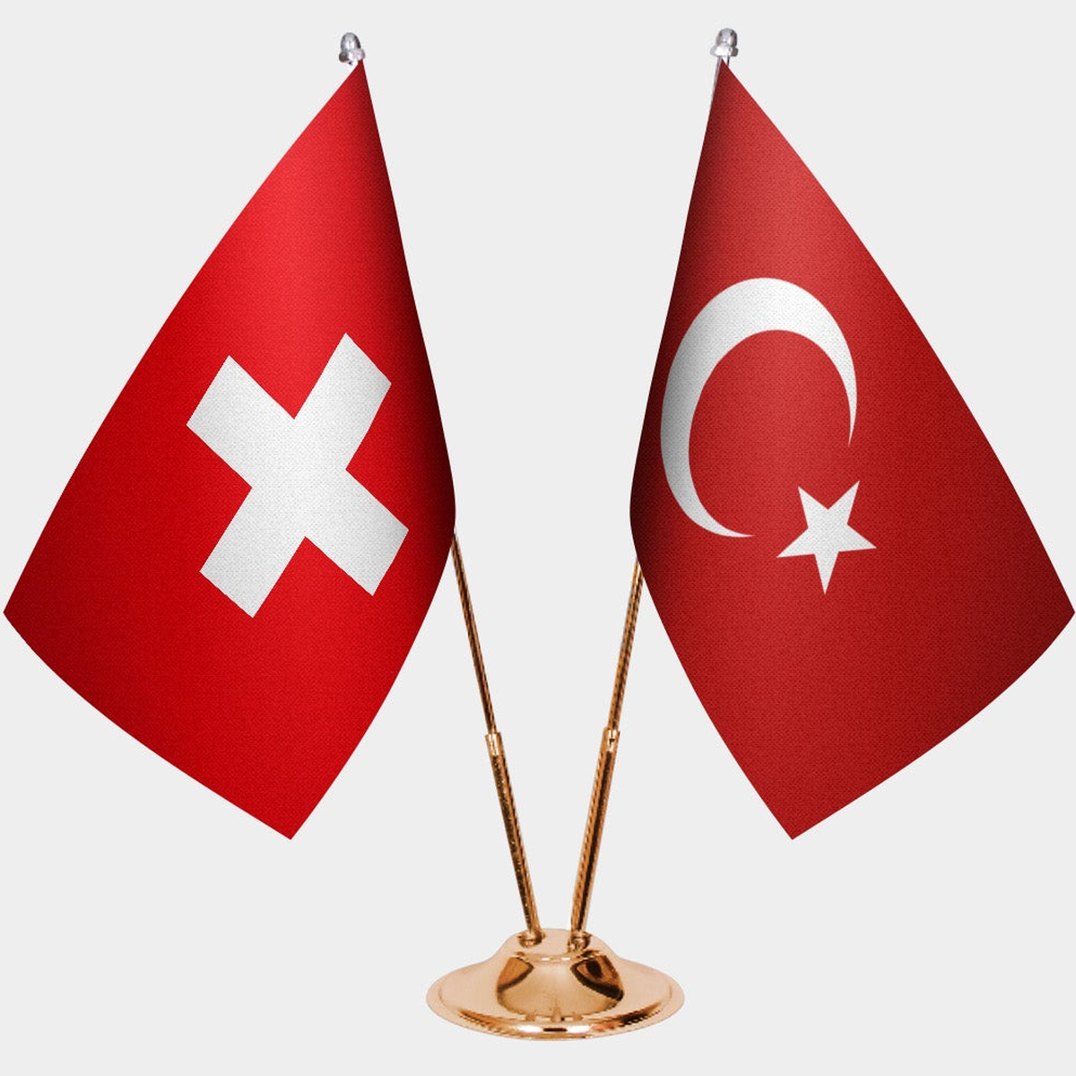 Switzerland and Türkiye dual desk flag set with gold pedestal, satin office table flag