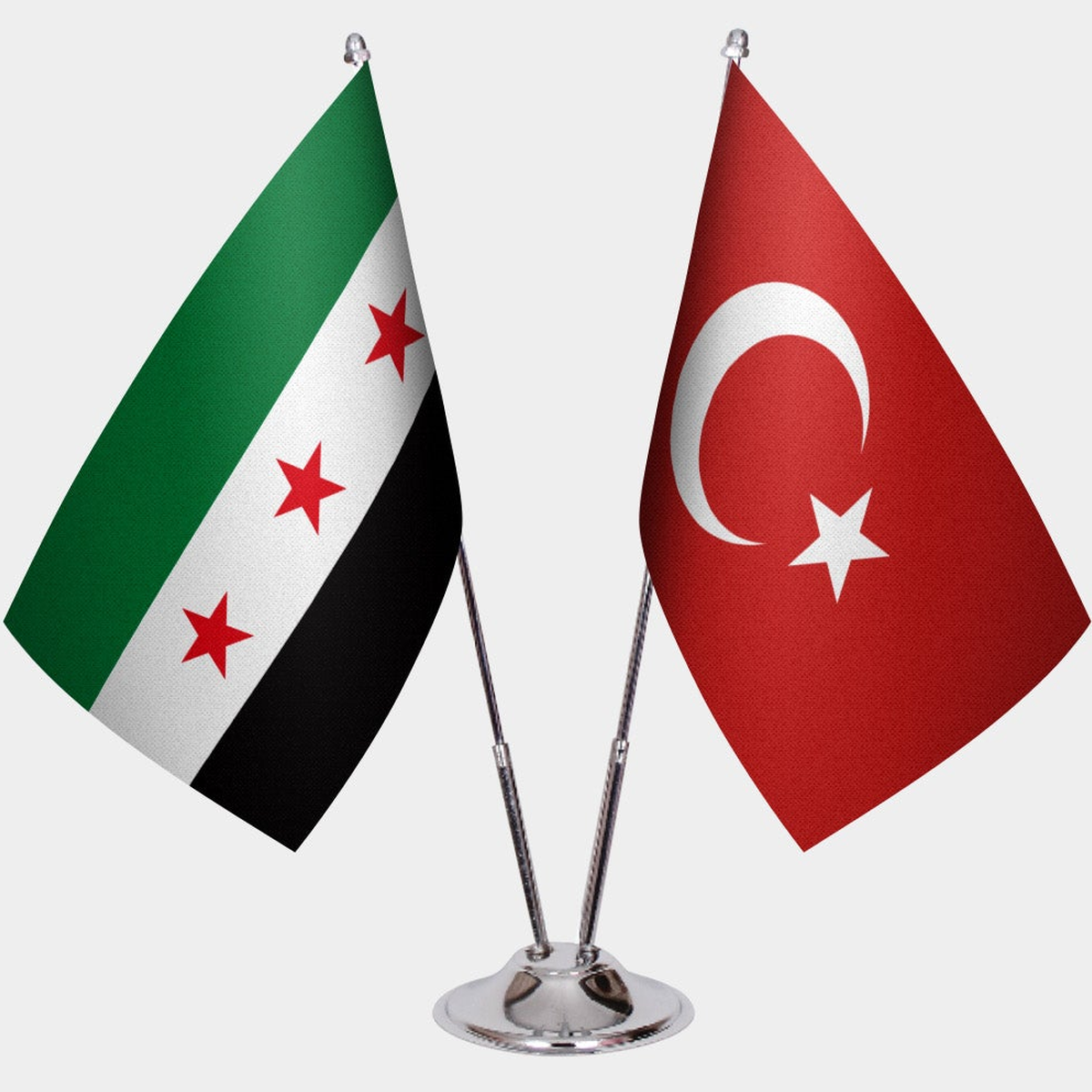 Syria and Türkiye dual desk flag set with chrome silver pedestal, satin office table flag