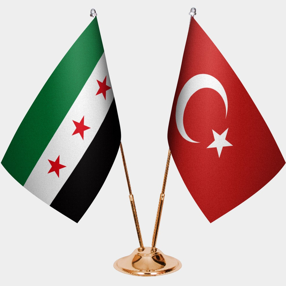 Syria and Türkiye dual desk flag set with gold pedestal, satin office table flag