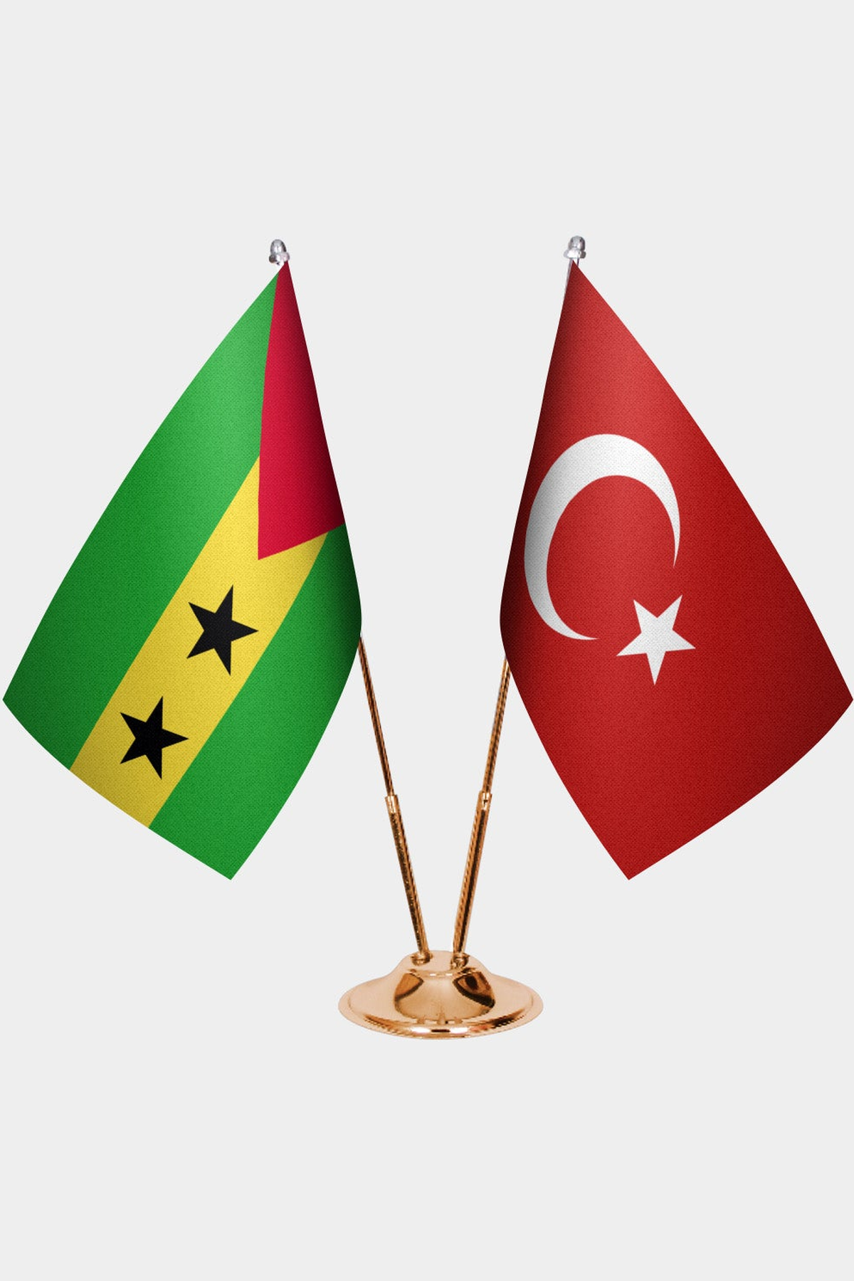 São Tomé & Príncipe and Türkiye dual desk flag set with gold pedestal, satin office table flag