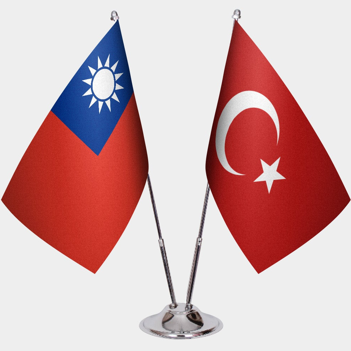 Taiwan and Türkiye dual desk flag set with chrome silver pedestal, satin office table flag