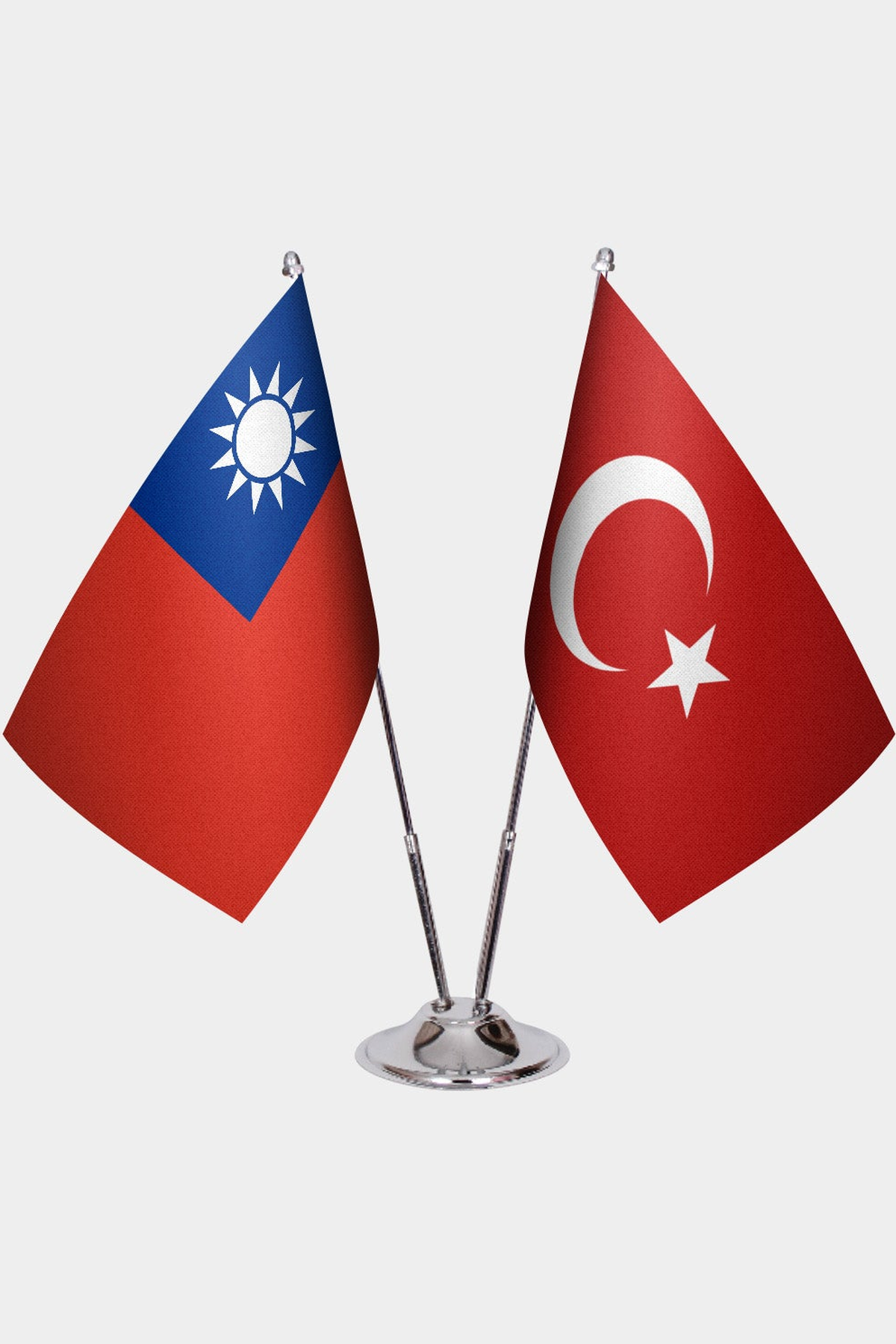 Taiwan and Türkiye dual desk flag set with chrome silver pedestal, satin office table flag
