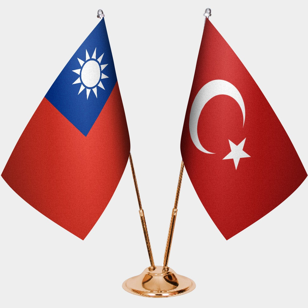 Taiwan and Türkiye dual desk flag set with gold pedestal, satin office table flag