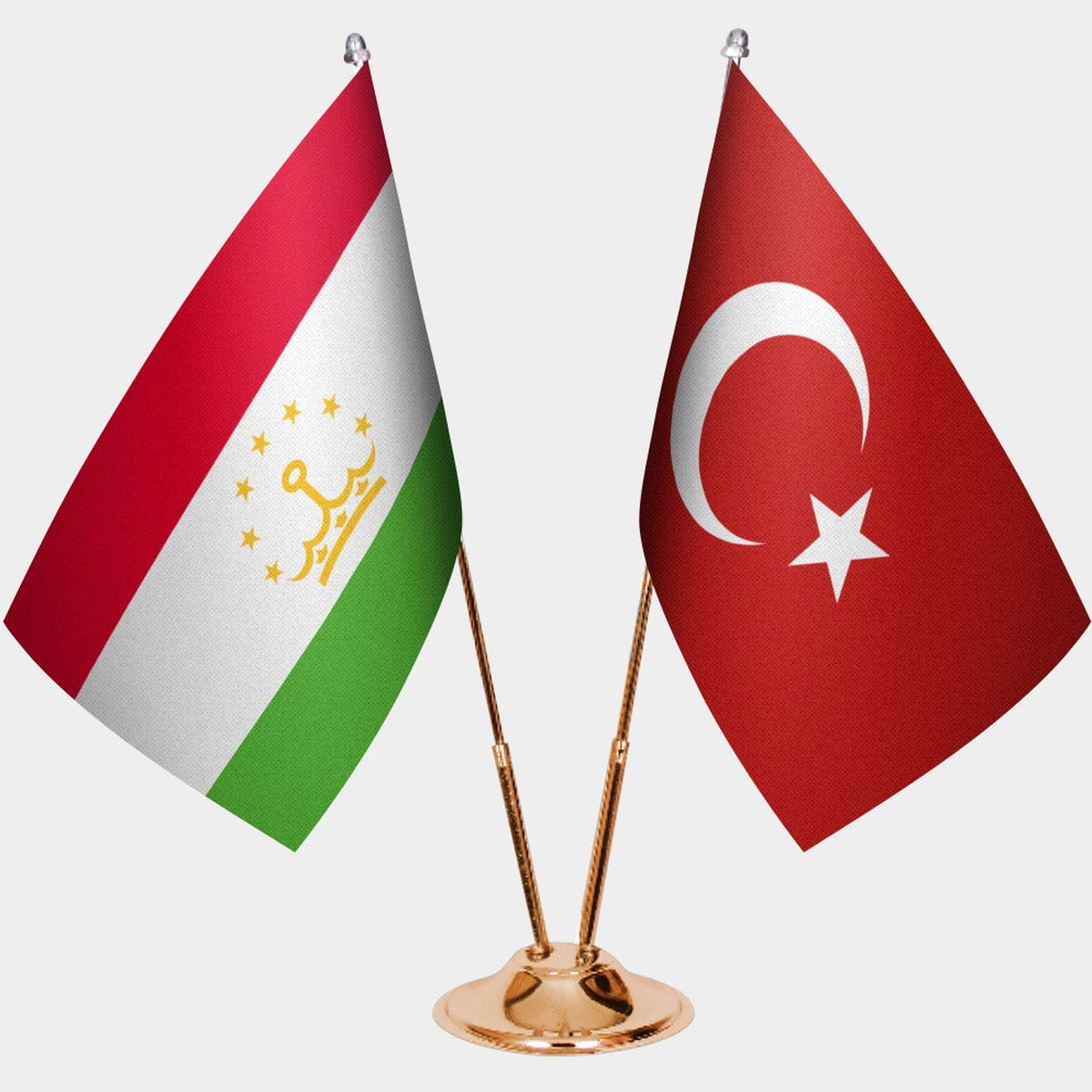 Tajikistan and Türkiye dual desk flag set with gold pedestal, satin office table flag