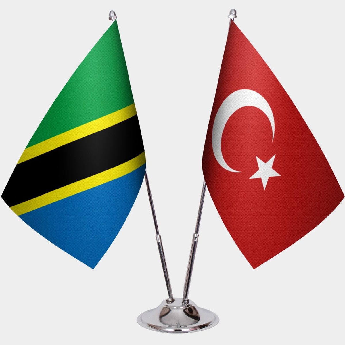 Tanzania and Türkiye dual desk flag set with chrome silver pedestal, satin office table flag
