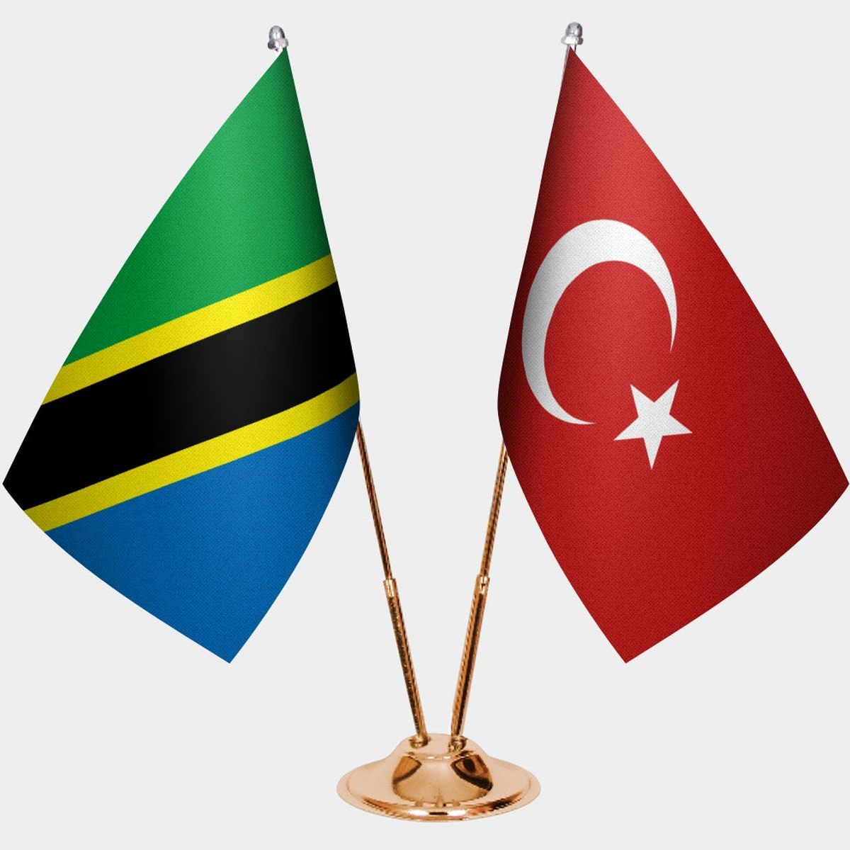 Tanzania and Türkiye dual desk flag set with gold pedestal, satin office table flag