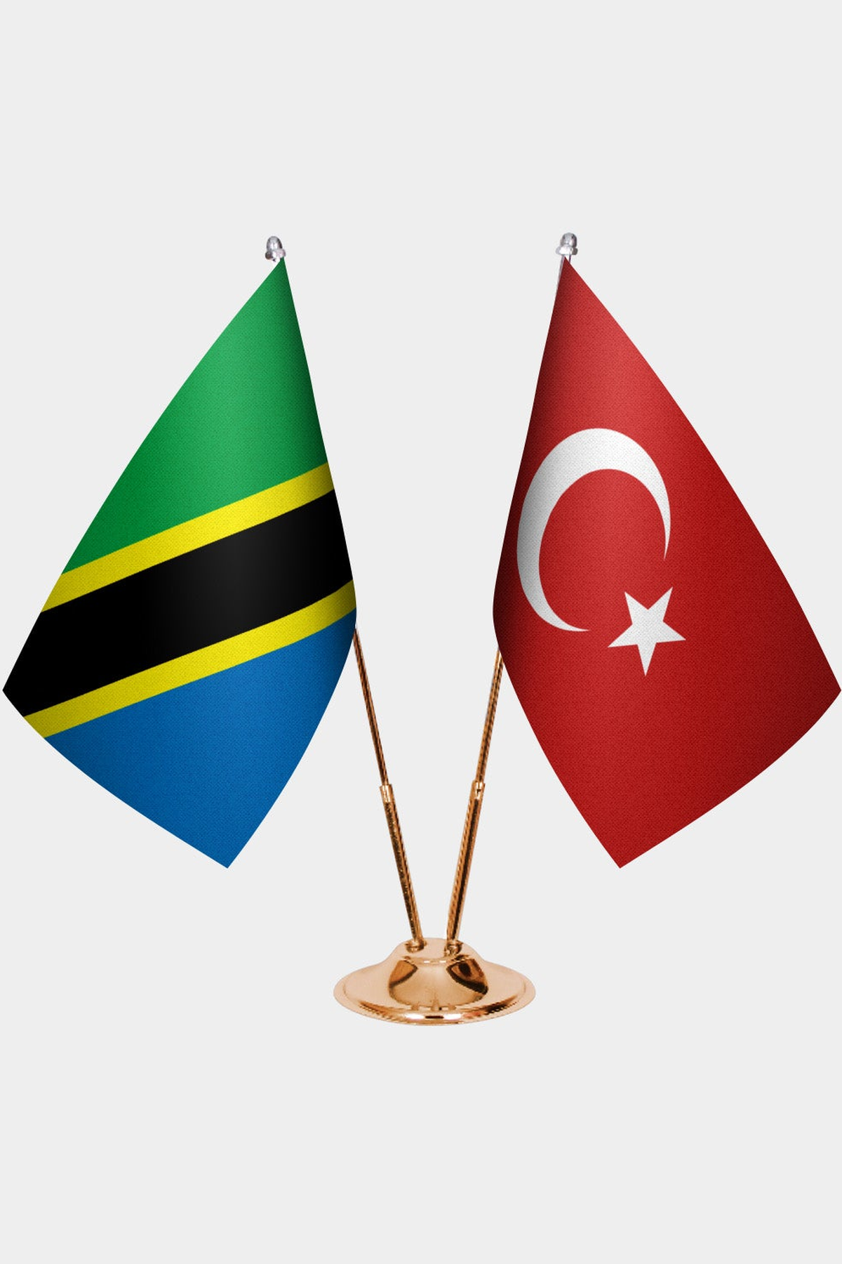 Tanzania and Türkiye dual desk flag set with gold pedestal, satin office table flag