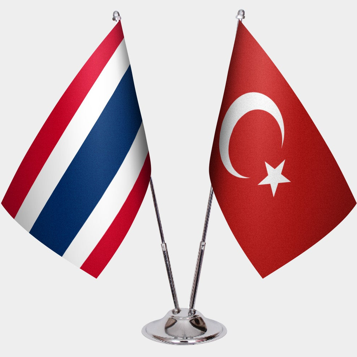 Thailand and Türkiye dual desk flag set with chrome silver pedestal, satin office table flag