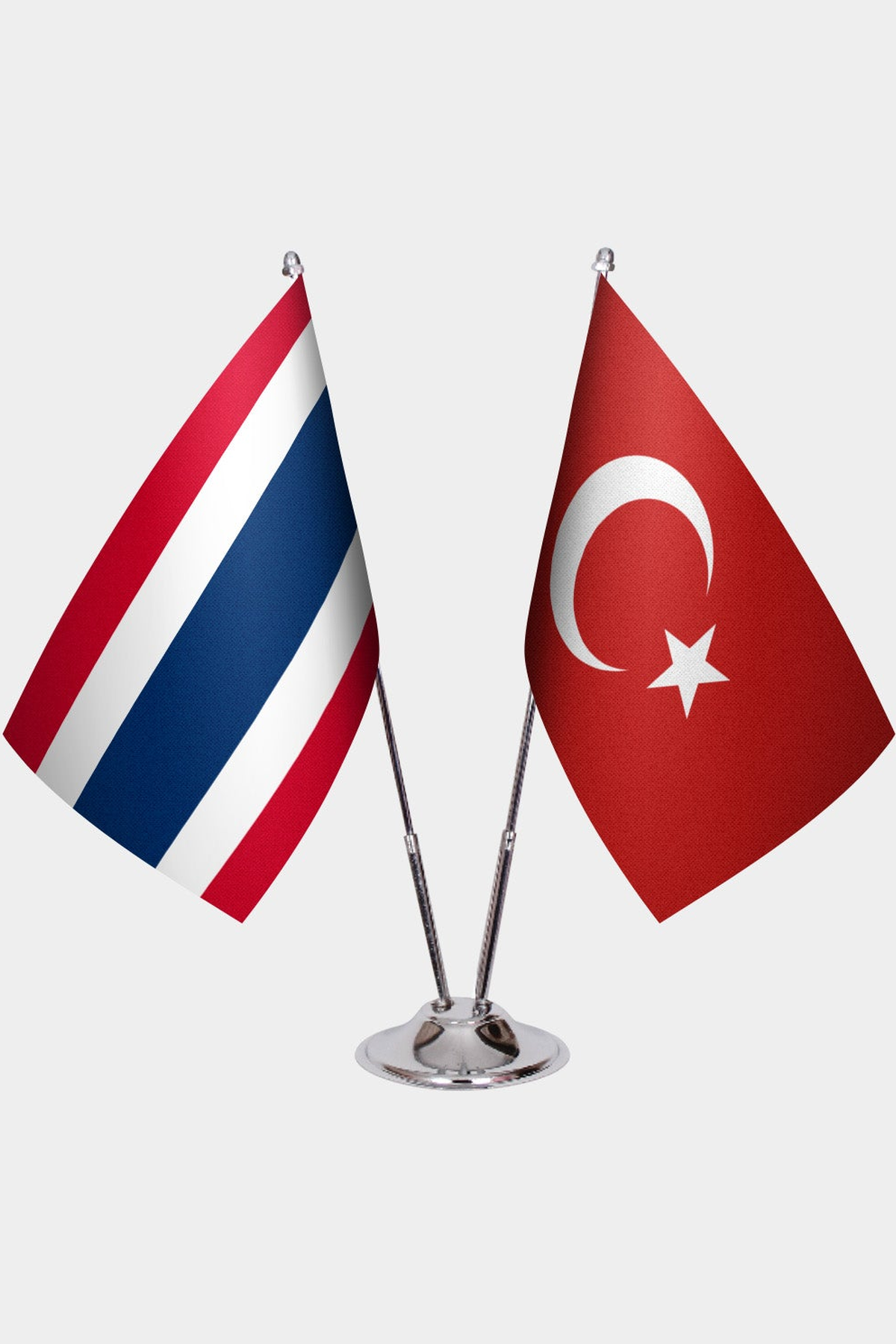 Thailand and Türkiye dual desk flag set with chrome silver pedestal, satin office table flag
