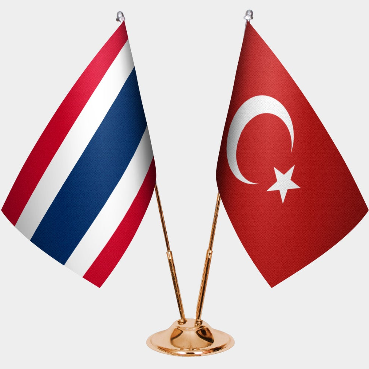 Thailand and Türkiye dual desk flag set with gold pedestal, satin office table flag