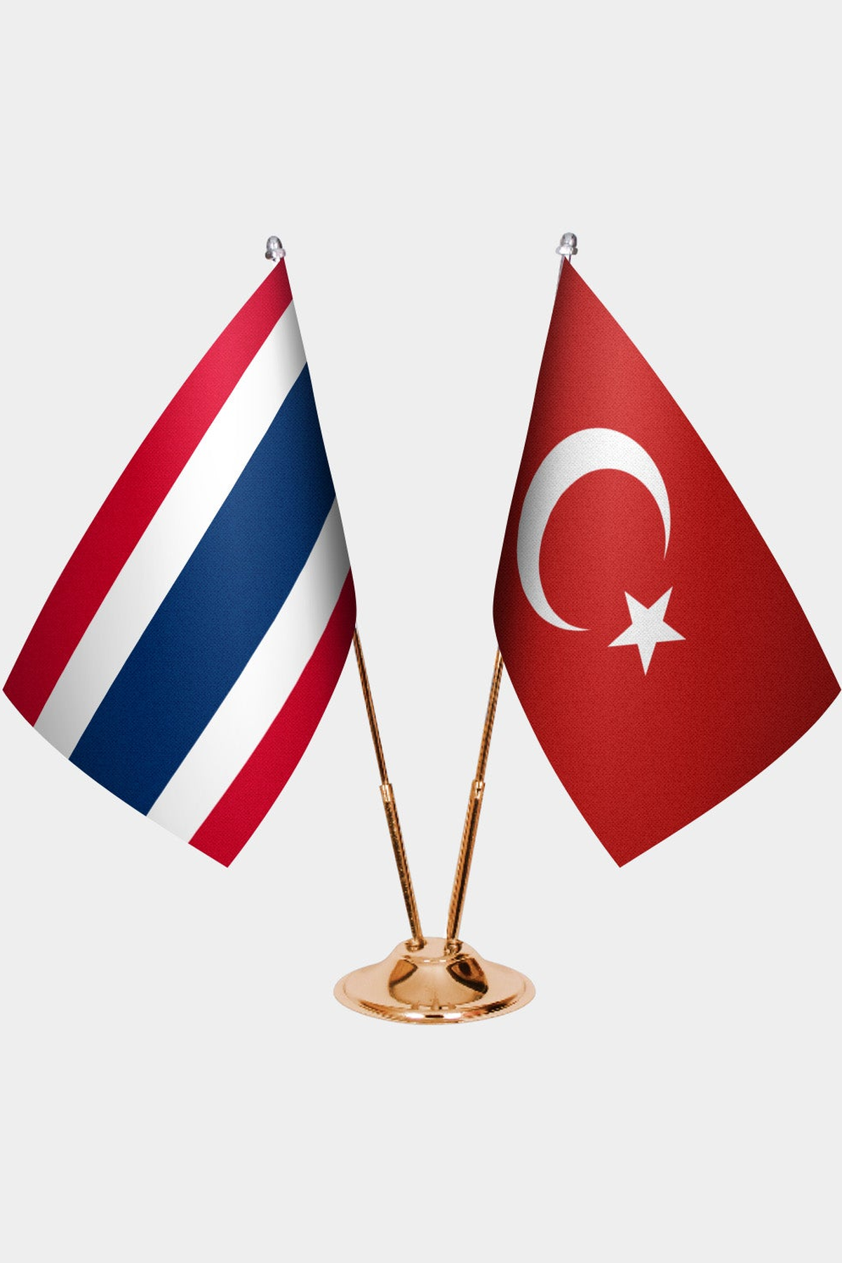 Thailand and Türkiye dual desk flag set with gold pedestal, satin office table flag