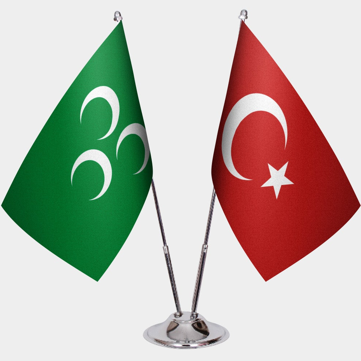 Three Crescents and Türkiye dual desk flag set with chrome silver pedestal, satin office table flag