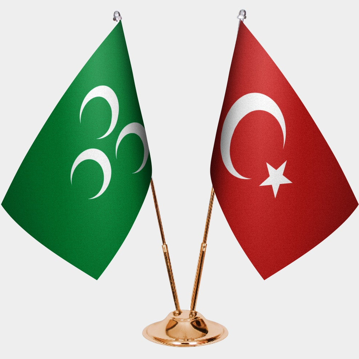 Three Crescents and Türkiye dual desk flag set with gold pedestal, satin office table flag