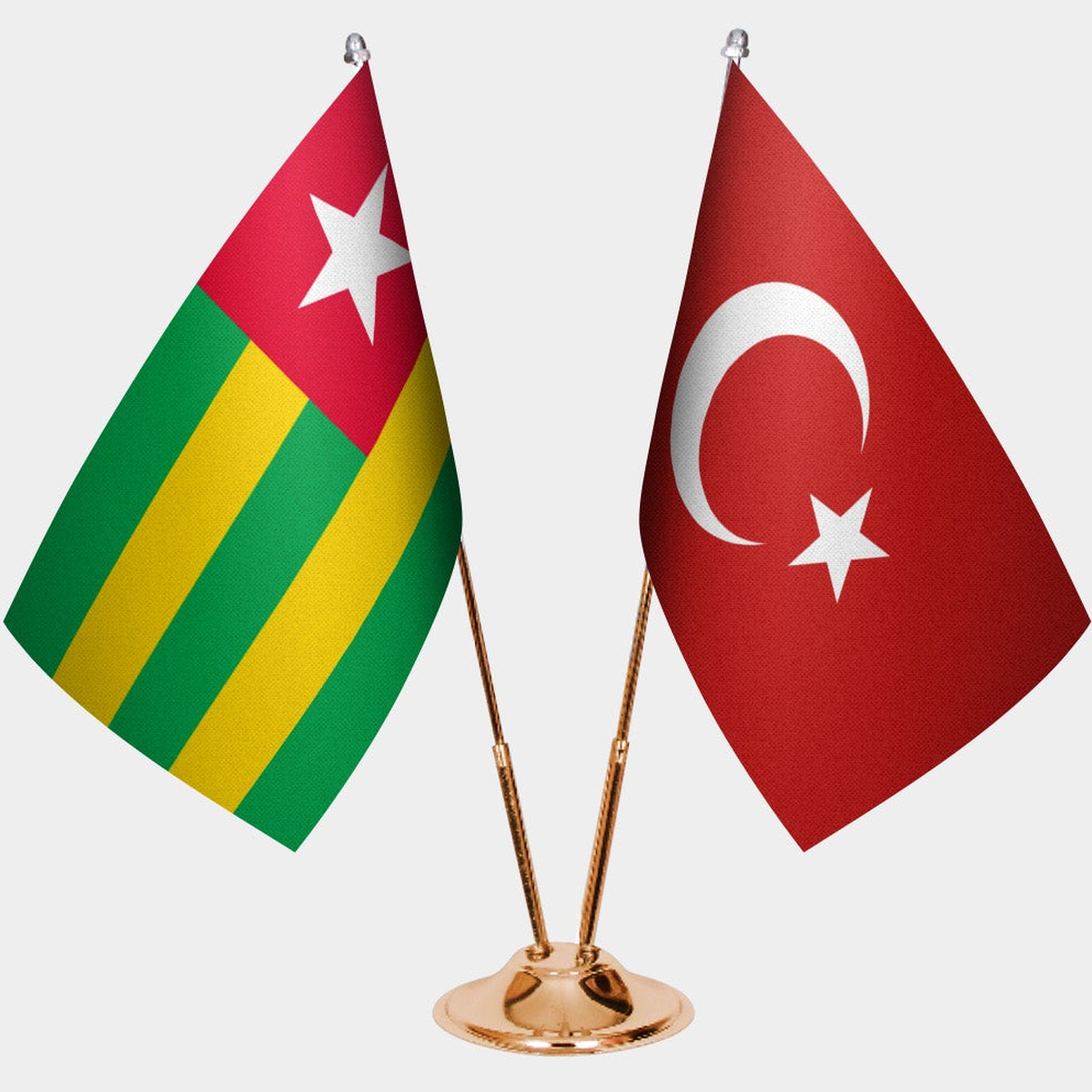 Togo and Türkiye dual desk flag set with gold pedestal, satin office table flag