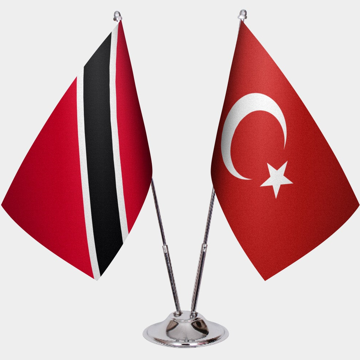 Trinidad & Tobago and Türkiye dual desk flag set with chrome silver pedestal, satin office table flag