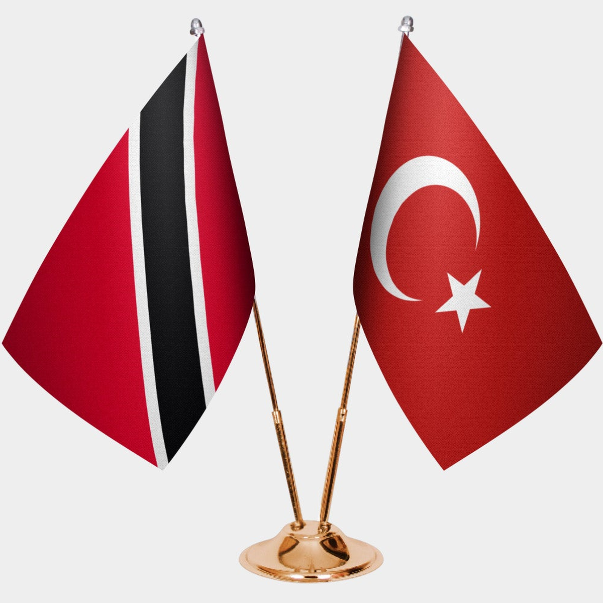Trinidad & Tobago and Türkiye dual desk flag set with gold pedestal, satin office table flag