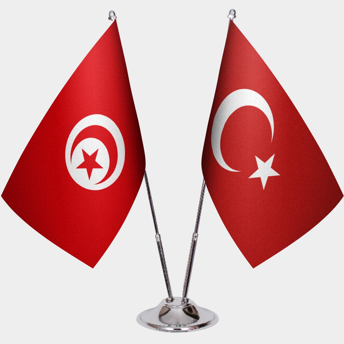 Tunisia and Türkiye dual desk flag set with chrome silver pedestal, satin office table flag