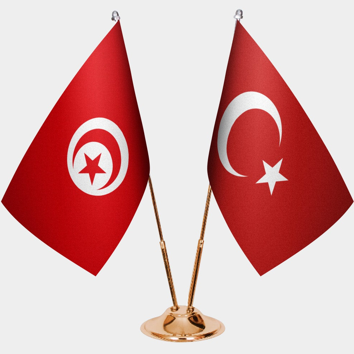 Tunisia and Türkiye dual desk flag set with gold pedestal, satin office table flag