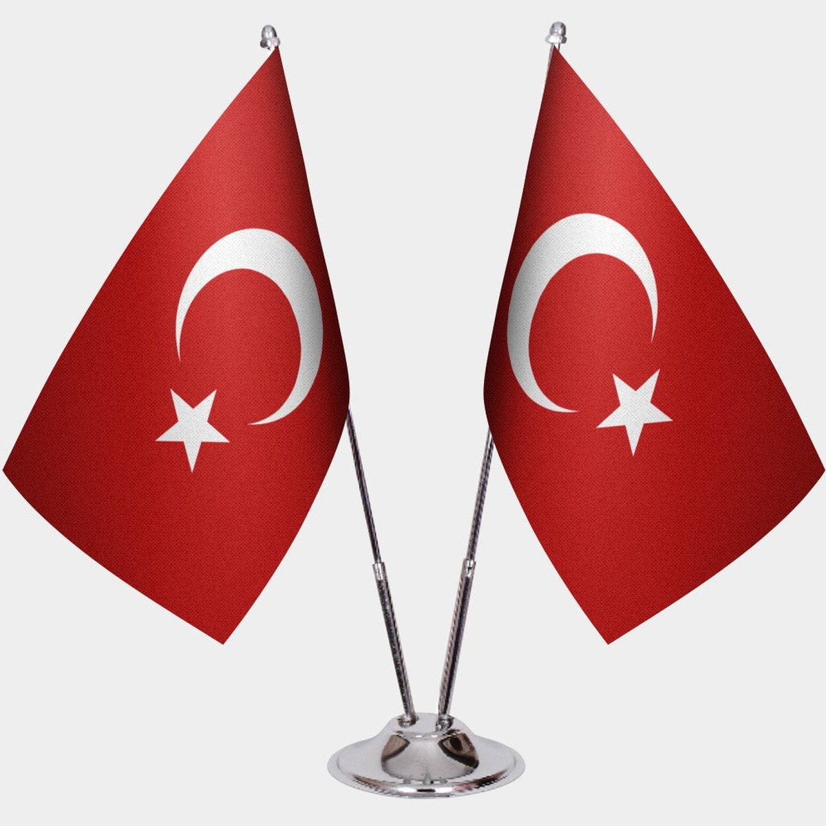 Turkey and Türkiye dual desk flag set with chrome silver pedestal, satin office table flag
