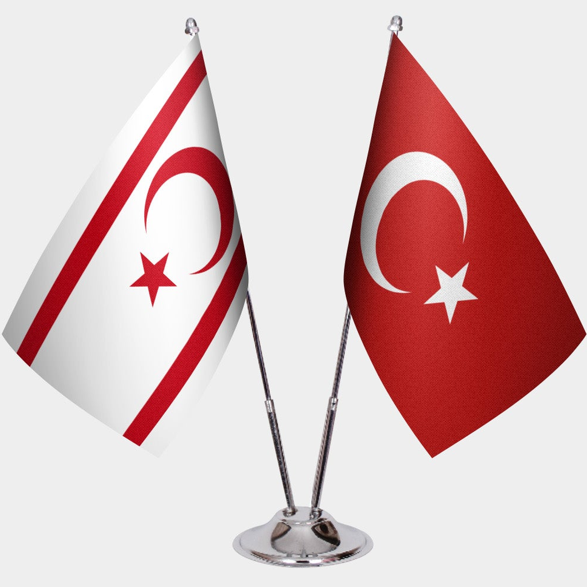Turkish Republic of Northern Cyprus and Türkiye dual desk flag set with chrome silver pedestal, satin office table flag