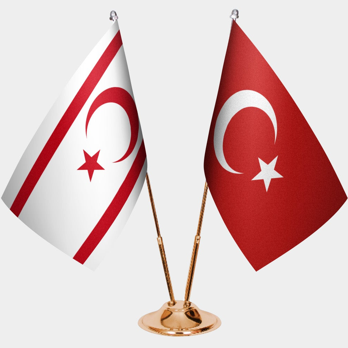 Turkish Republic of Northern Cyprus and Türkiye dual desk flag set with gold pedestal, satin office table flag