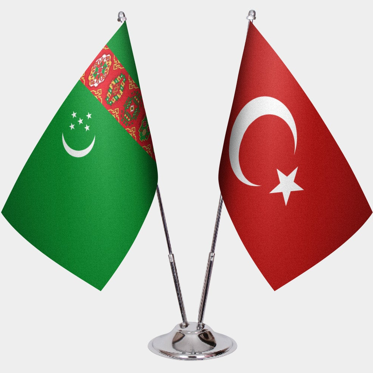 Turkmenistan and Türkiye dual desk flag set with chrome silver pedestal, satin office table flag